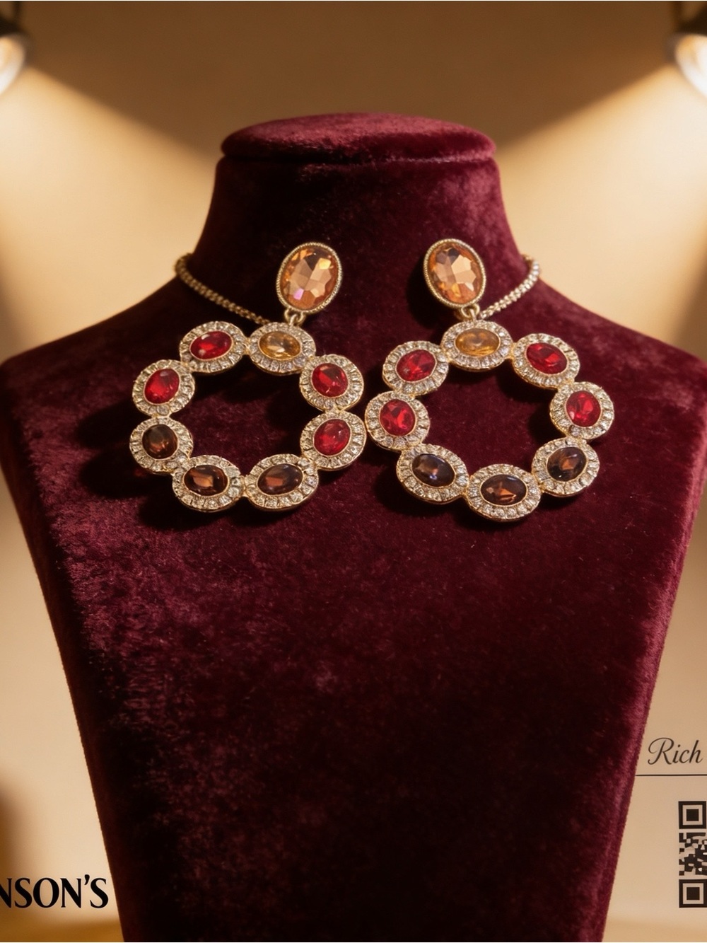 Gold Circle Multi-Stone Drop Earrings with Ruby, Magenta & Amber Accents